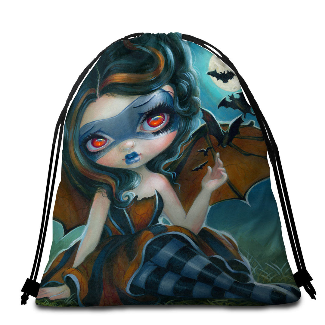 Fantasy Pipistrello Bat Winged Girl and Moon Bats Travel Beach Towel