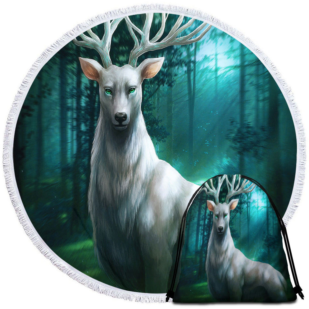 Fantasy Round Beach Towel with Animal Art Forest Deer God