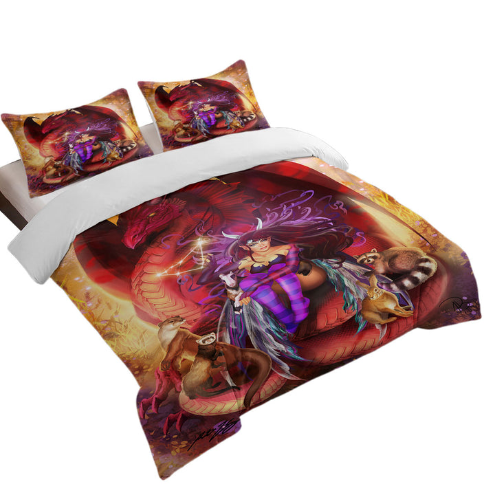 Fantasy Scene Red Dragon Fairy and Animal Friends Daybed Covers Sets