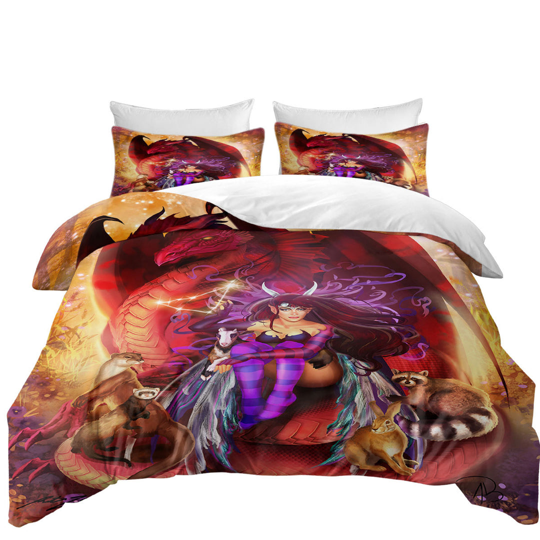 Fantasy Scene Red Dragon Fairy and Animal Friends Duvet Cover Queen