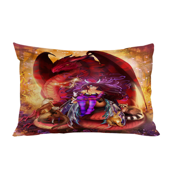 Fantasy Scene Red Dragon Fairy and Animal Friends Pillowcase