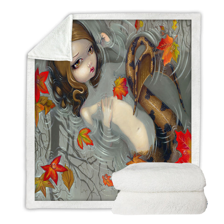 Fantasy Sherpa Blanket Art Autumn Mermaid and Leaves