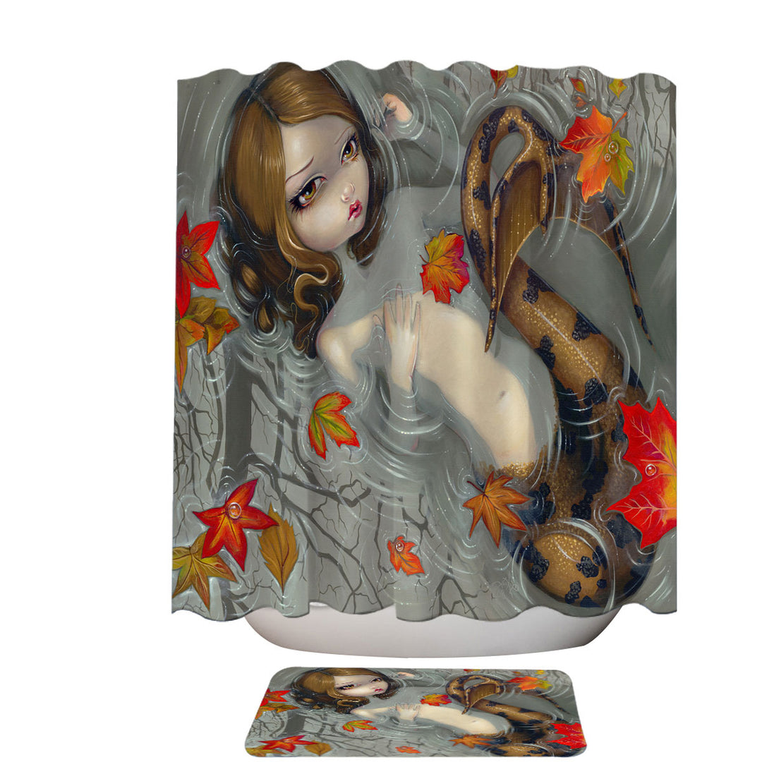 Fantasy Shower Curtain Art Autumn Mermaid and Leaves