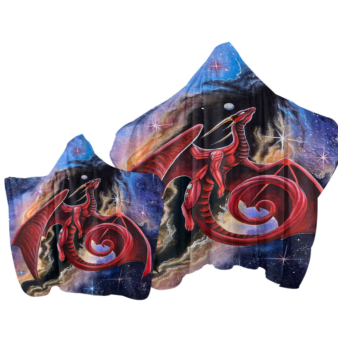 Fantasy Space Red Dragon Art Watcher at the Divine Hooded Beach Towel