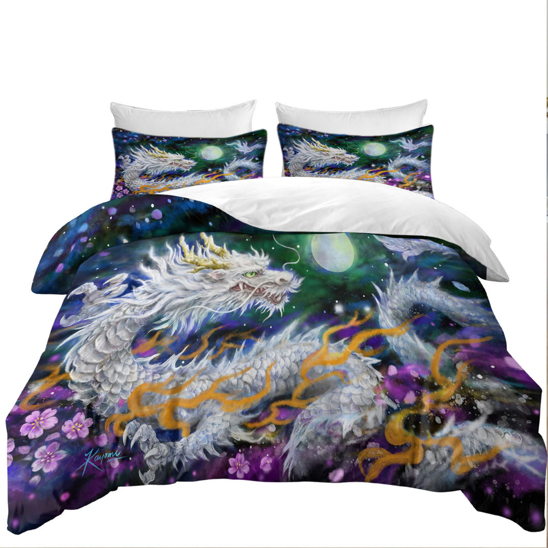 Fantasy Space White Dragon and The Moon Duvet Cover Queen