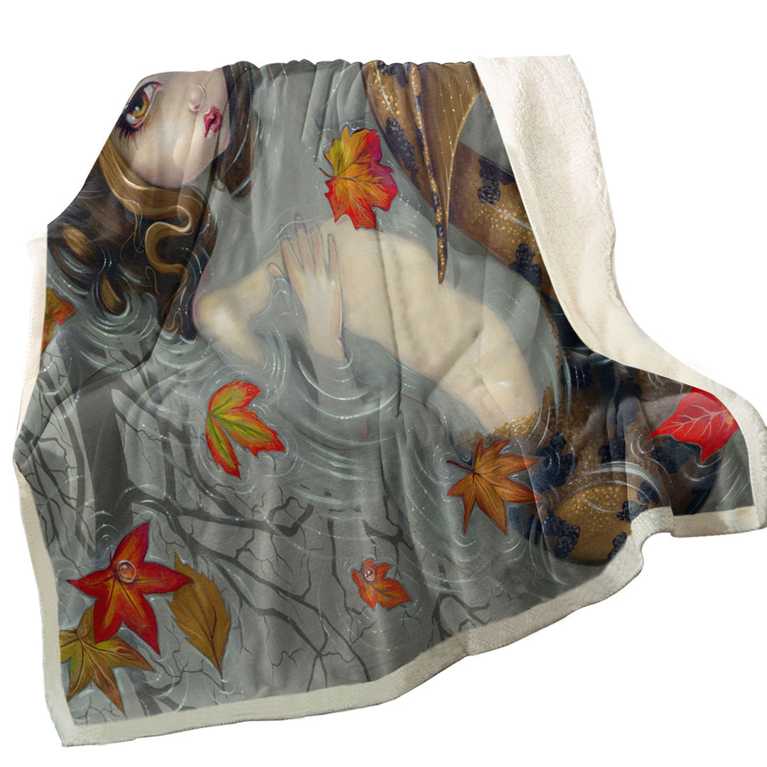 Fantasy Throw Blanket Art Autumn Mermaid and Leaves