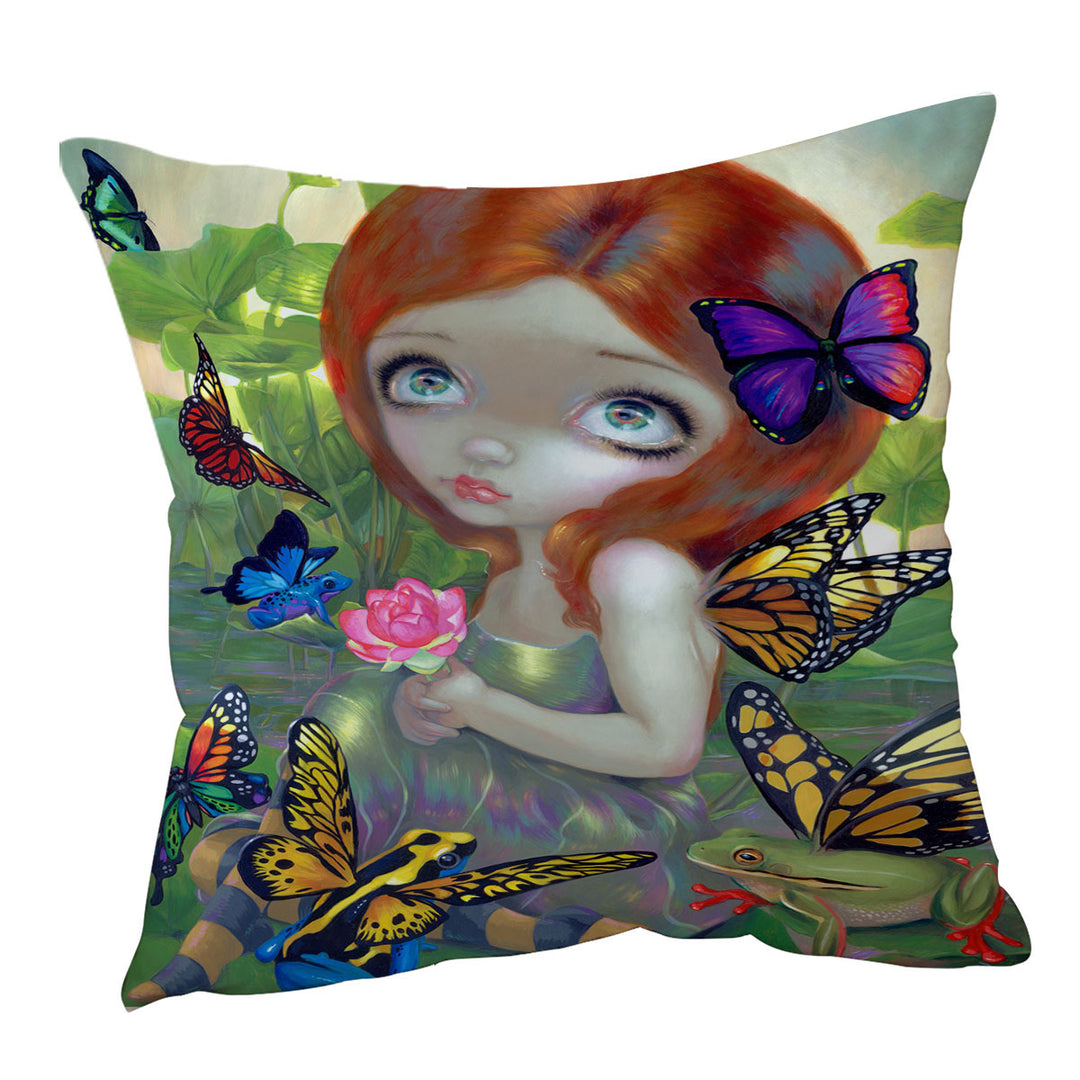 Fantasy Throw Cushions Girl Butterfly Frog Daydreams and Frogs