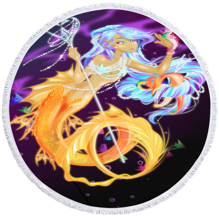 Fantasy Underwater Seahorse and Mermaid Round Towel