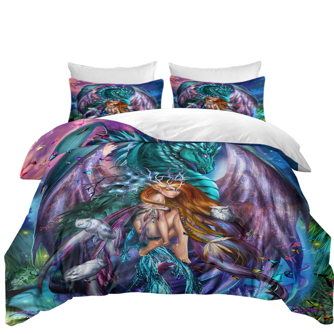 Fantasy Virgo Design Fairy and Dragon Queen Size Duvet Cover