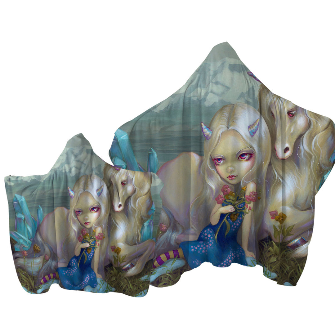 Fantasy World Maiden Fiona and the Unicorn Hooded Beach Towel