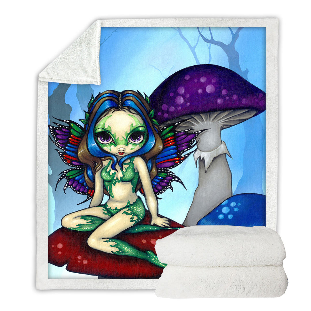 Fantasy World Masked Fairy on Mushrooms Throw Blanket