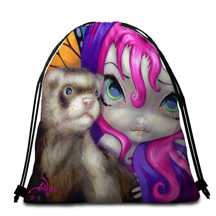 Ferret Beach Towels and Bags Set Faces of Faery _154 Purplish Girl With Her Ferret