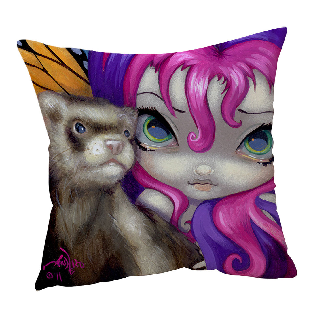 Ferret Cushion Cover Faces of Faery _154 Purplish Girl With Her Ferret