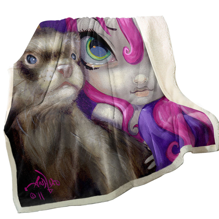 Ferret Sherpa Blanket Faces of Faery _154 Purplish Girl With Her Ferret