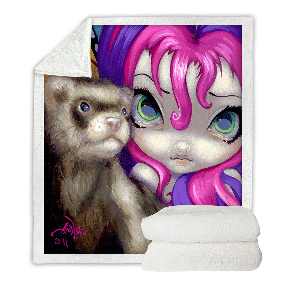 Ferret Throw Blanket Faces of Faery _154 Purplish Girl With Her Ferret