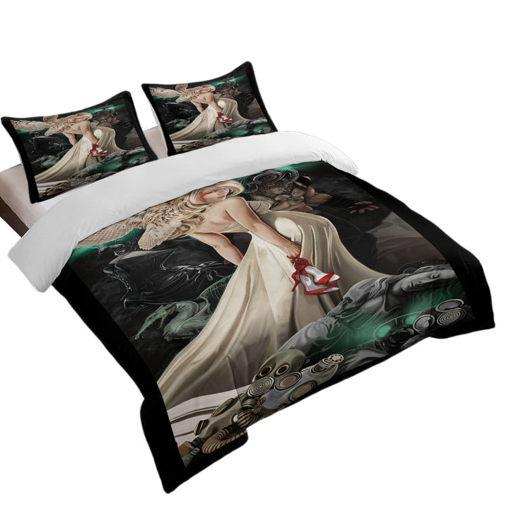 Fiction Art Beautiful Blond Girl and Owl Bed Covers