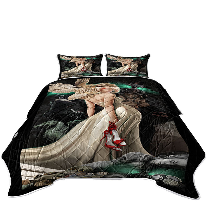 Fiction Art Beautiful Blond Girl and Owl King Size Bedspreads