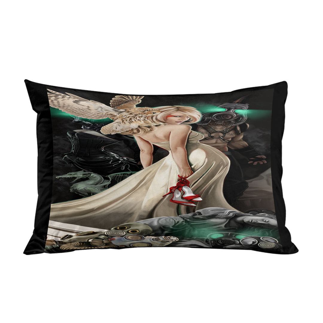 Fiction Art Beautiful Blond Girl and Owl Pillowcase