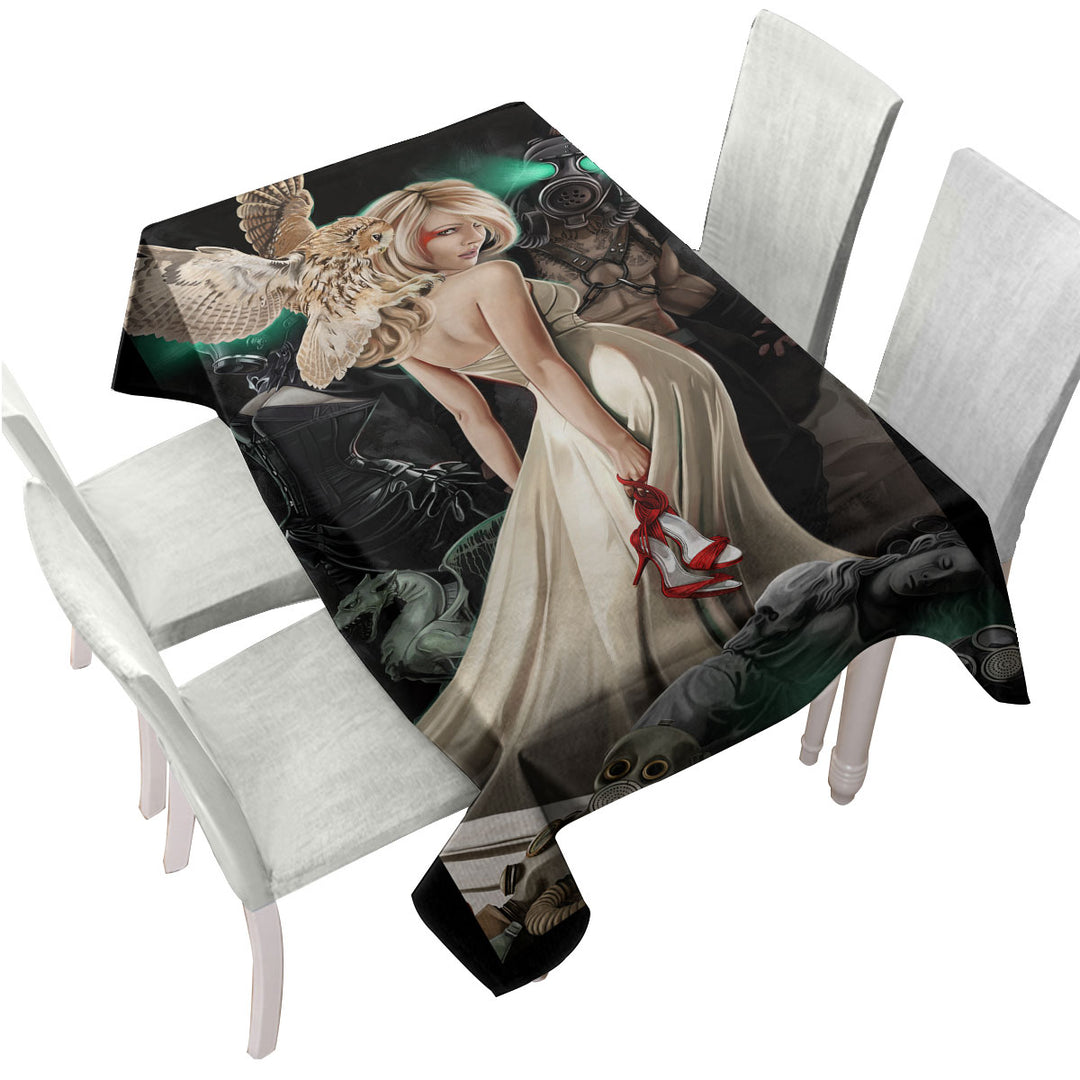 Fiction Art Beautiful Blond Girl and Owl Tablecloths