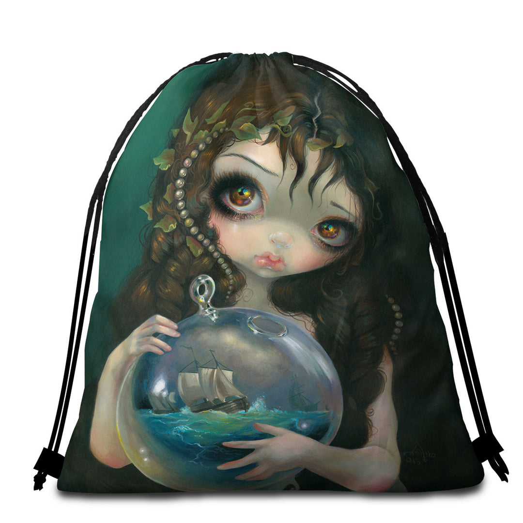 Fine Art Alchemical Girl Microcosm Seascape Ship Beach Towel Bags