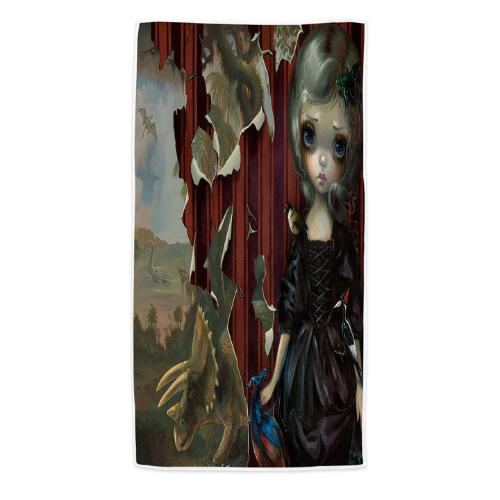 Fine Art Beach Towel Black Dress Girl Dinosaur Friends Requiem