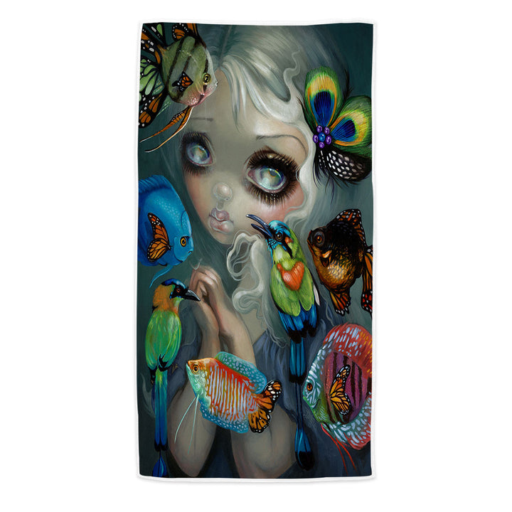 Fine Art Flying Fish Beautiful Girl and Birds Beach Towel