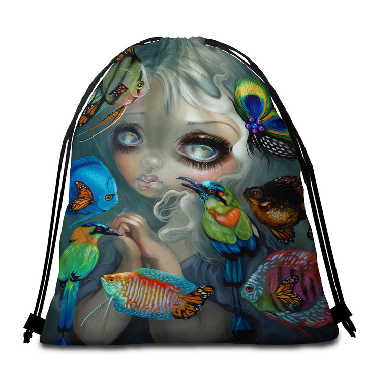 Fine Art Flying Fish Beautiful Girl and Birds Beach Towels