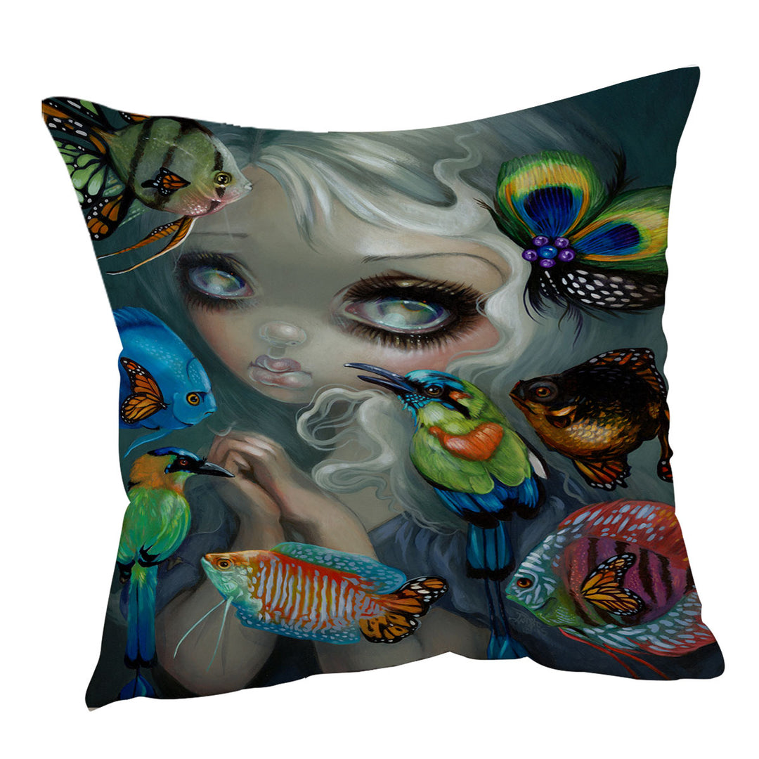 Fine Art Flying Fish Beautiful Girl and Birds Cushion Cover