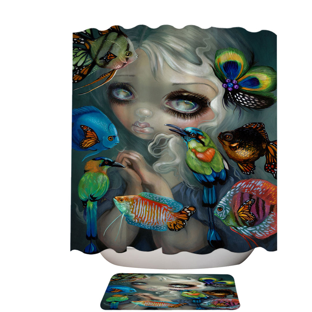 Fine Art Flying Fish Beautiful Girl and Birds Shower Curtain