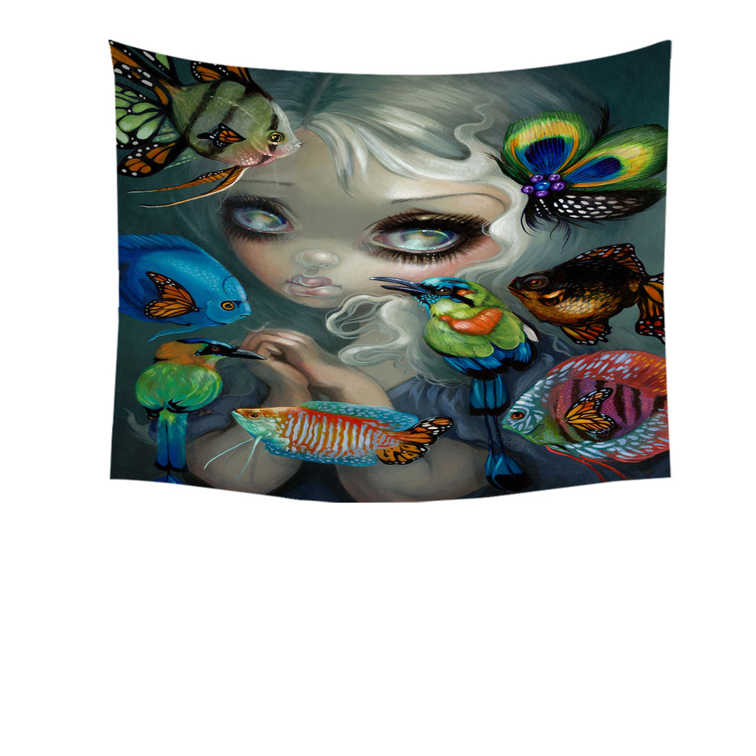 Fine Art Flying Fish Beautiful Girl and Birds Tapestry