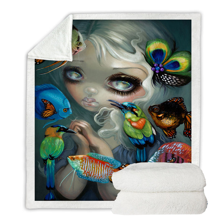 Fine Art Flying Fish Beautiful Girl and Birds Throw Blanket