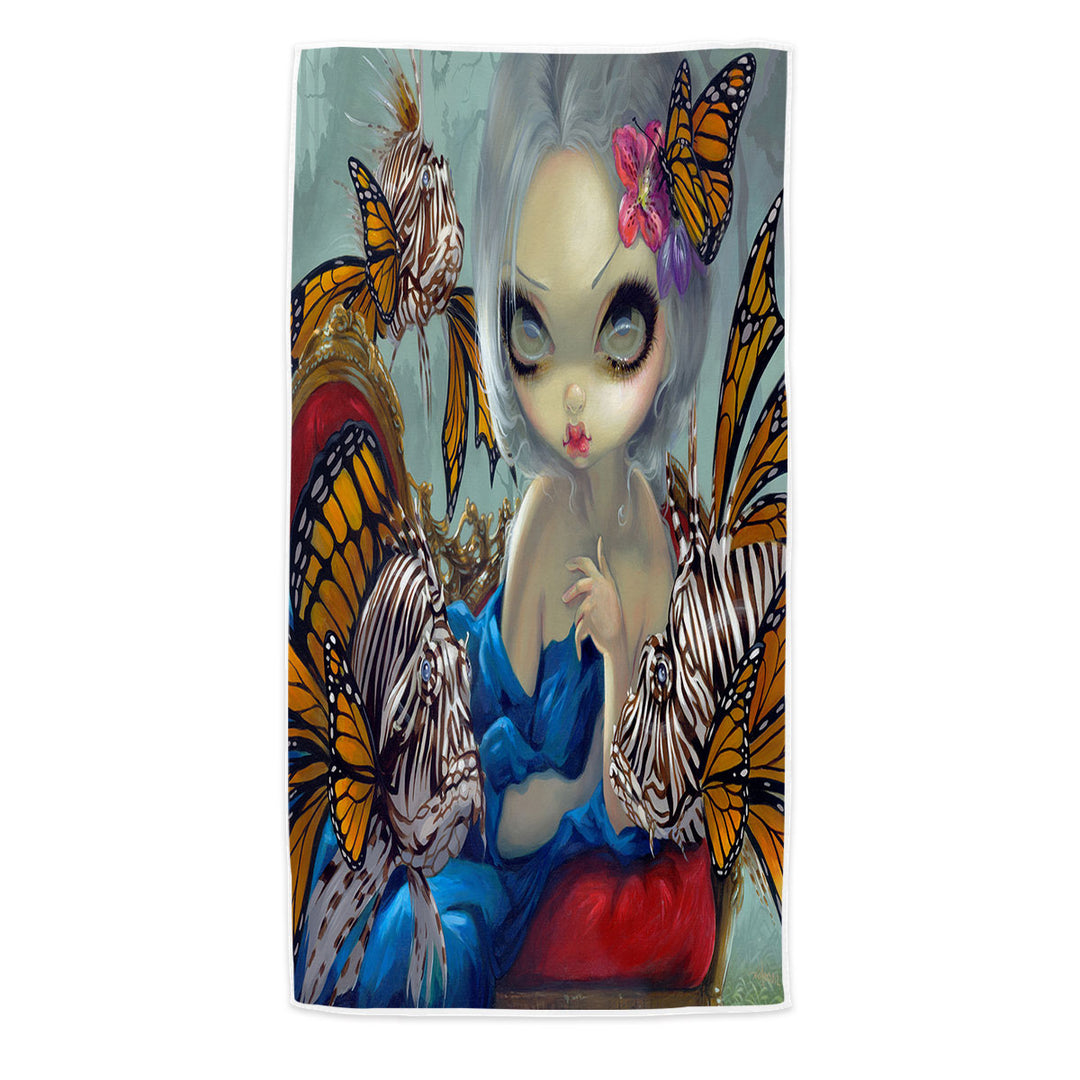 Fine Art Flying Fish Beautiful Girl and Lionfish Microfiber Beach Towel