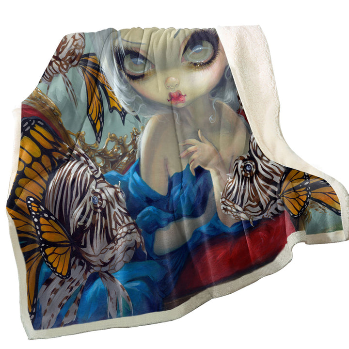 Fine Art Flying Fish Beautiful Girl and Lionfish Sherpa Blanket