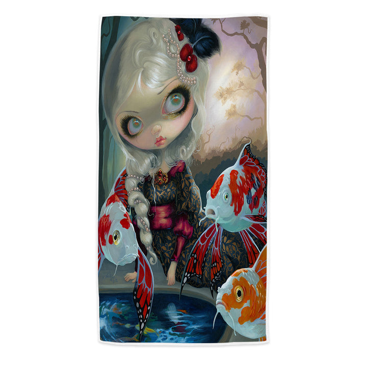 Fine Art Flying Fish Beautiful Girl and the Koi Pond Beach Towels