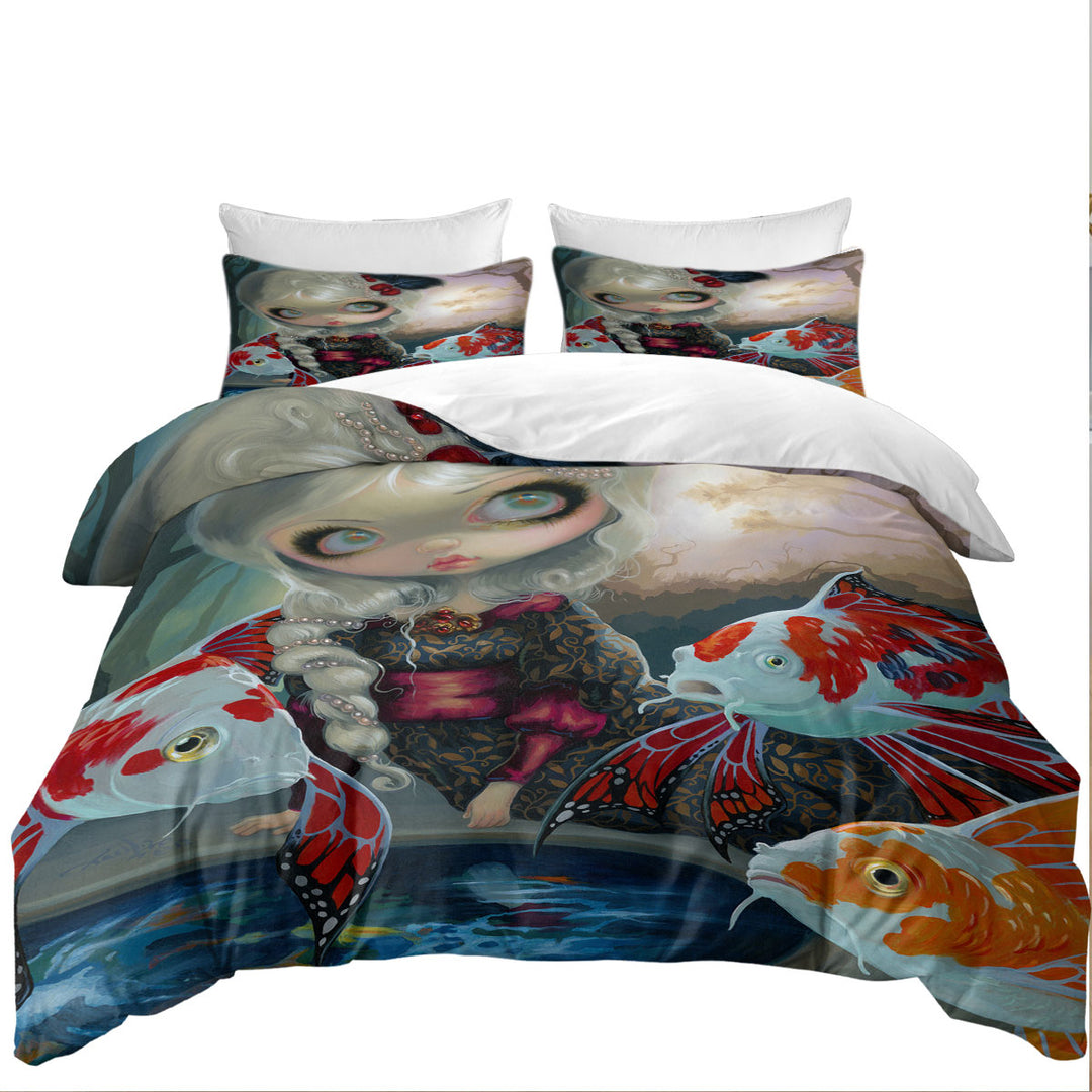 Fine Art Flying Fish Beautiful Girl and the Koi Pond California King Duvet Cover