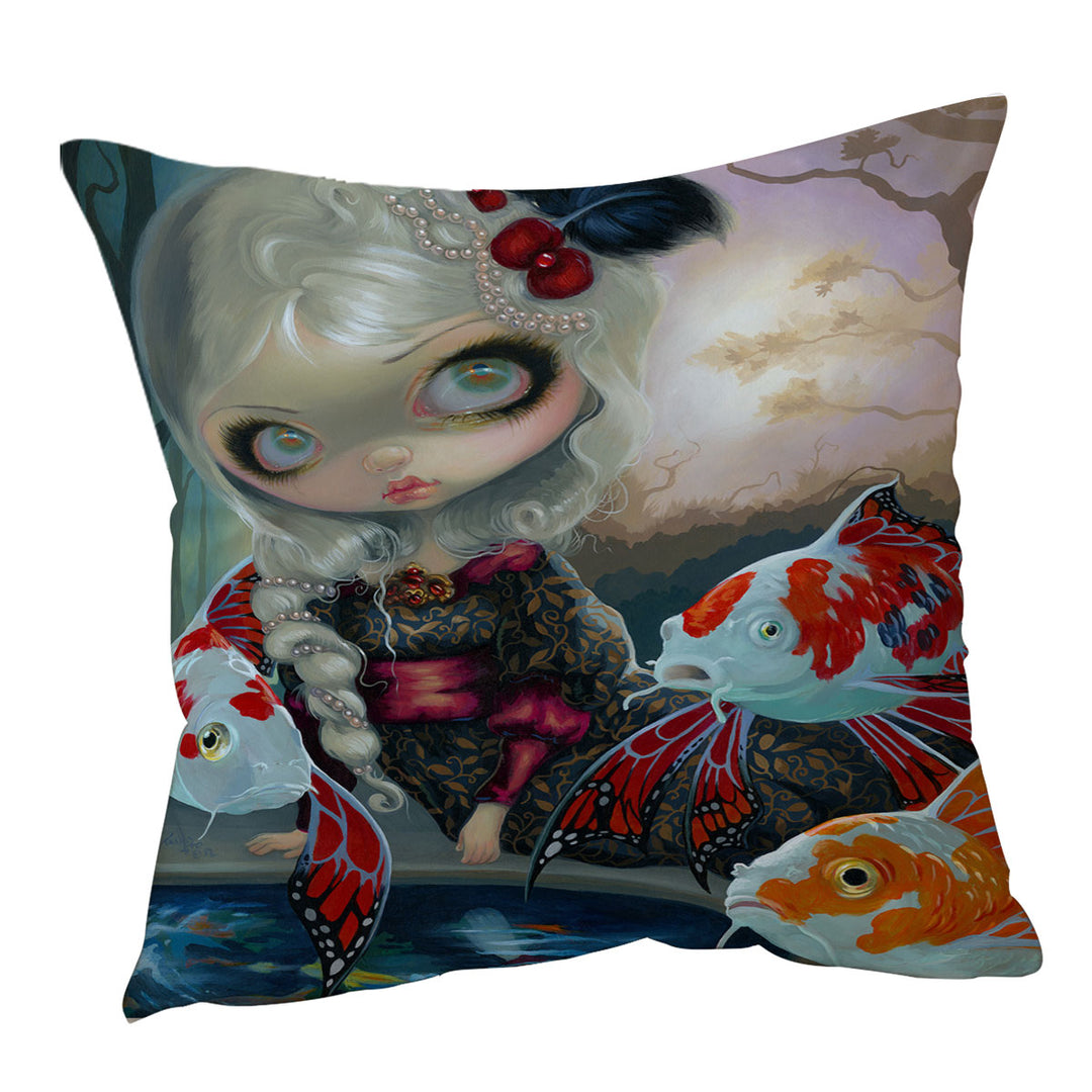 Fine Art Flying Fish Beautiful Girl and the Koi Pond Cushion Cover