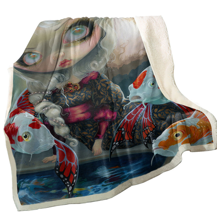 Fine Art Flying Fish Beautiful Girl and the Koi Pond Fleece Blankets