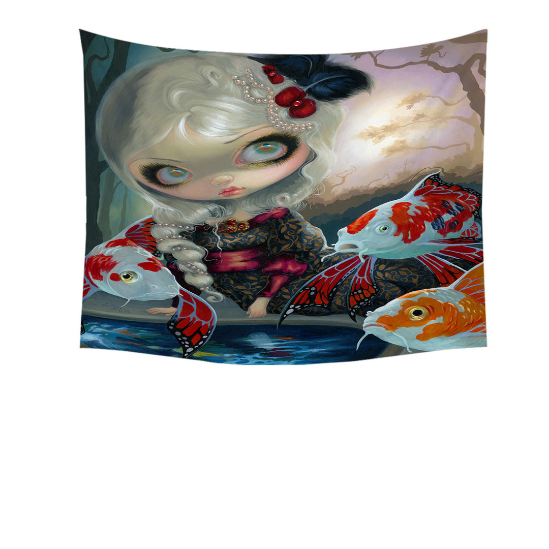 Fine Art Flying Fish Beautiful Girl and the Koi Pond Tapestry Wall Decor