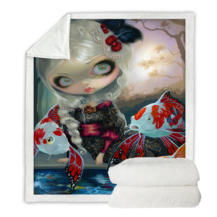 Fine Art Flying Fish Beautiful Girl and the Koi Pond Throws