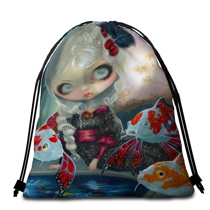 Fine Art Flying Fish Beautiful Girl and the Koi Pond Travel Beach Towel