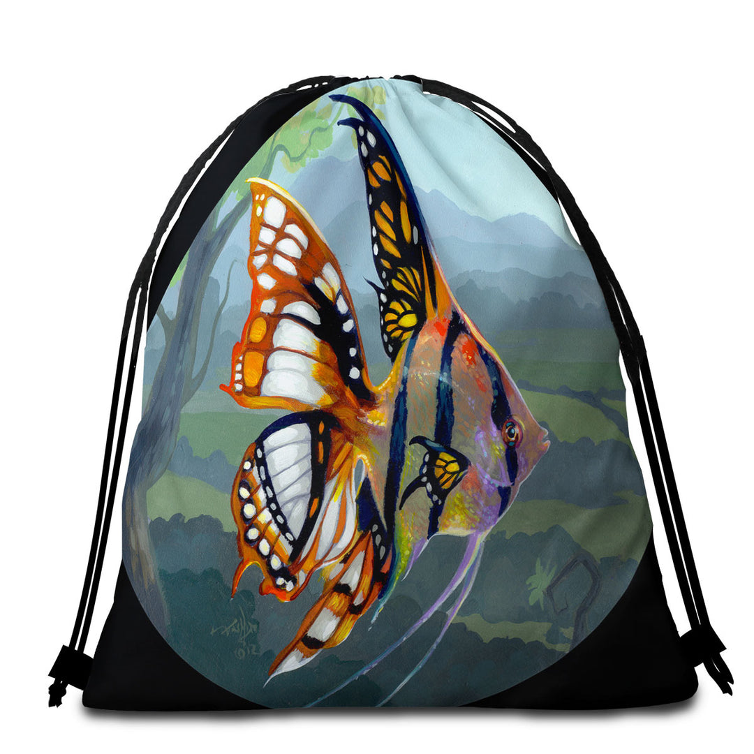 Fine Art Flying Fish Butterfly Winged Angelfish Beach Towel Bags