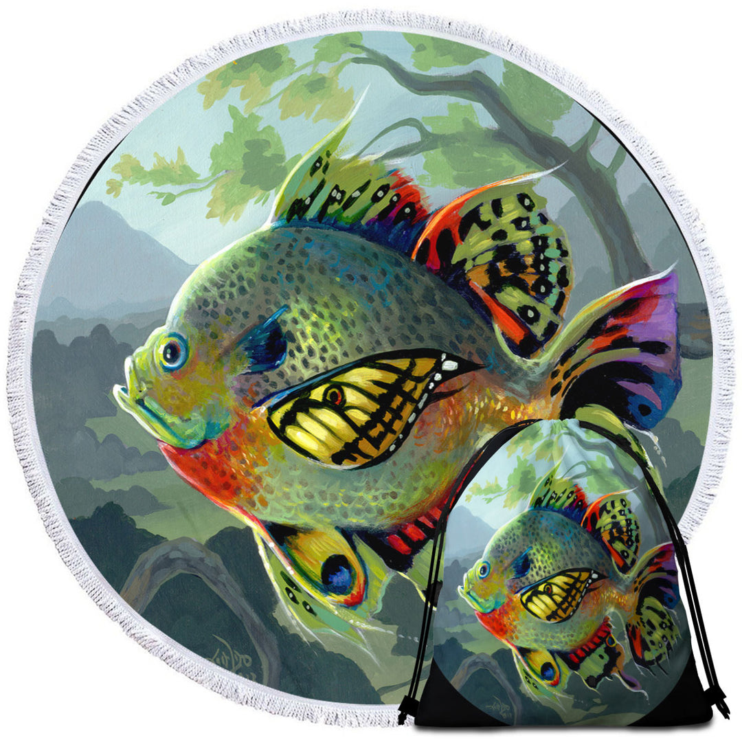 Fine Art Flying Fish Butterfly Winged Bluegill Round Beach Towel