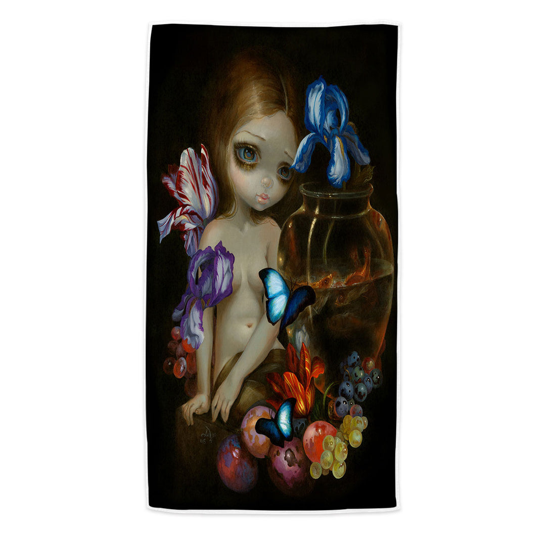 Fine Art Girl with Fruits Butterflies and Fish Beach Towels