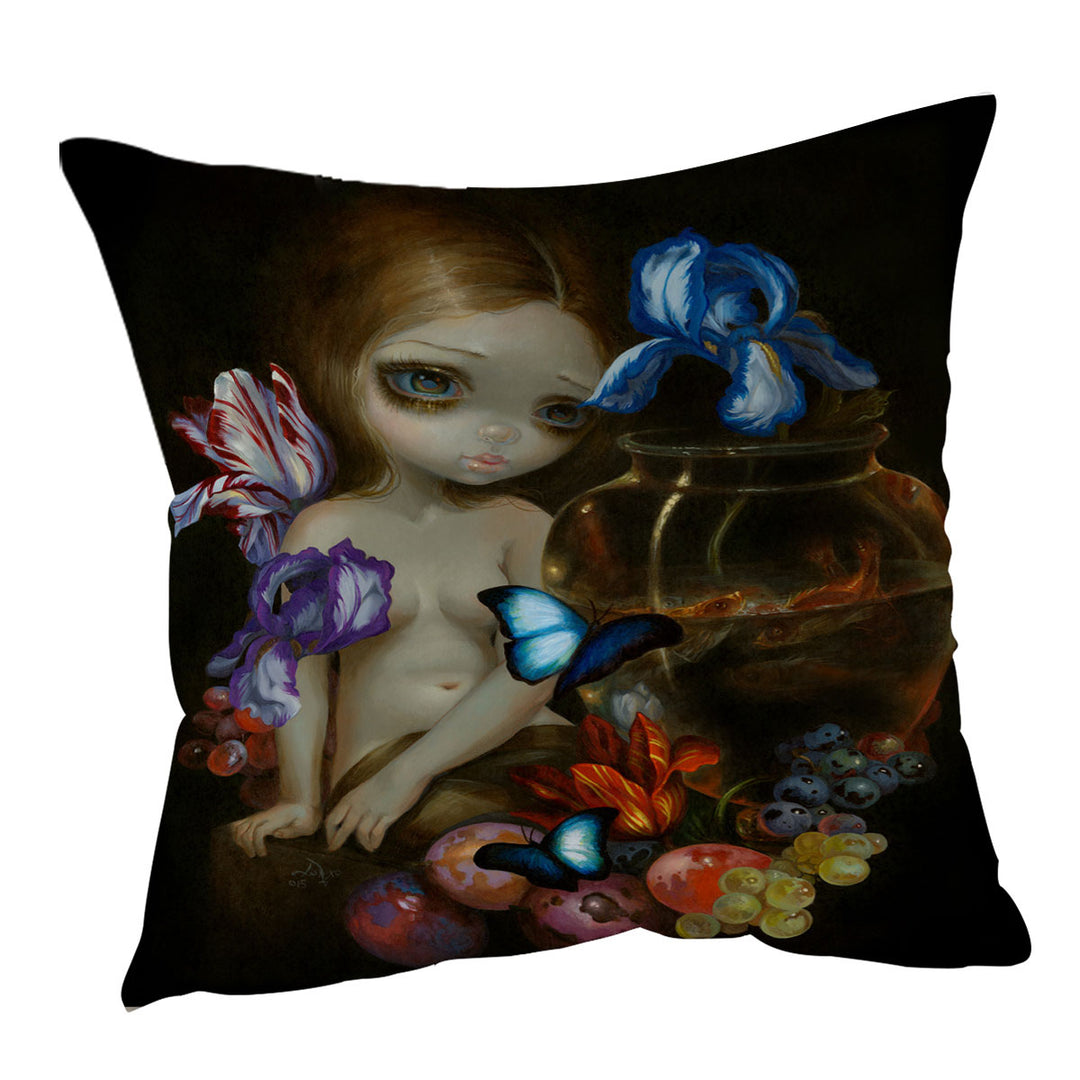 Fine Art Girl with Fruits Butterflies and Fish Throw Pillow