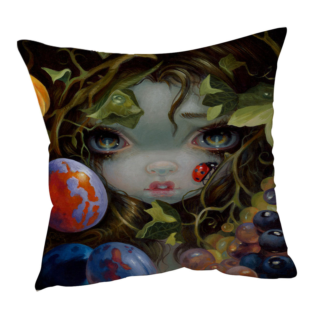 Fine Art Girl with Fruits and Ladybug Cushion Cover