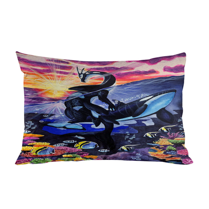 Fine Art Ocean Sunrise Corals Fish Whales and Dragon Pillow Cases