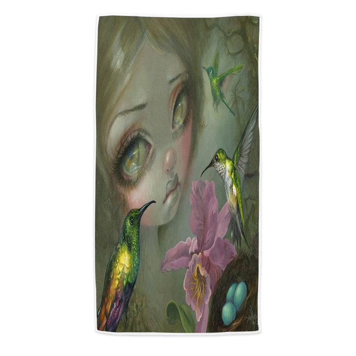 Fine Art Ode To Heade Girl Hummingbirds Beach Towel