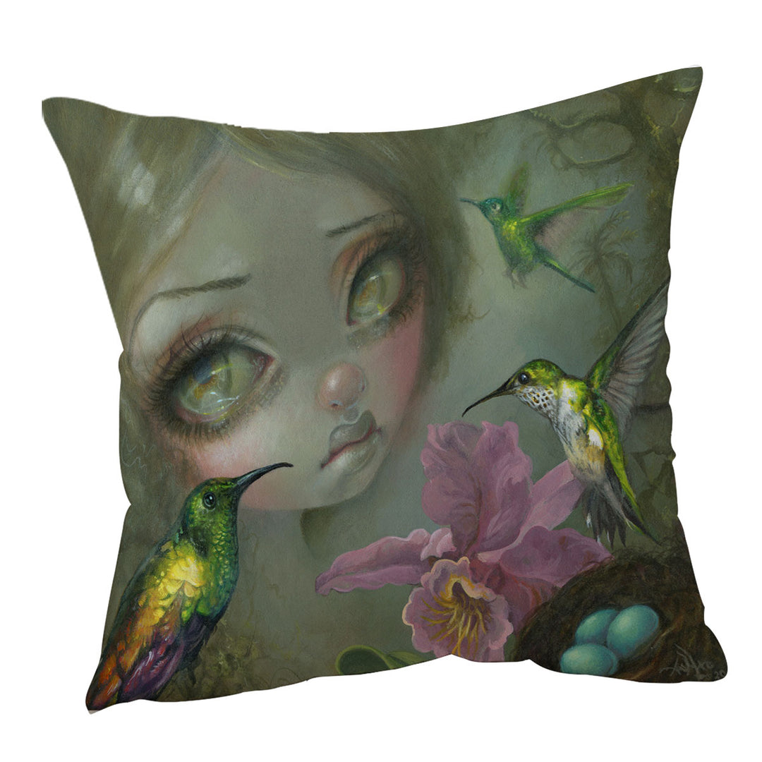 Fine Art Ode To Heade Girl Hummingbirds Cushion Cover