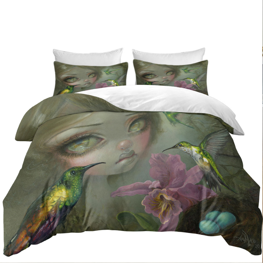 Fine Art Ode To Heade Girl Hummingbirds and Flowers King Quilt Cover