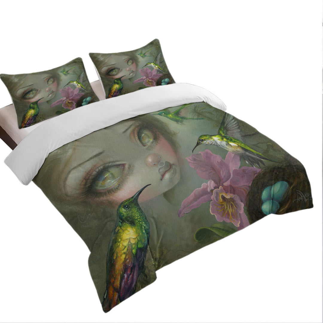 Fine Art Ode To Heade Girl Hummingbirds and Flowers Quilt Cover Sets